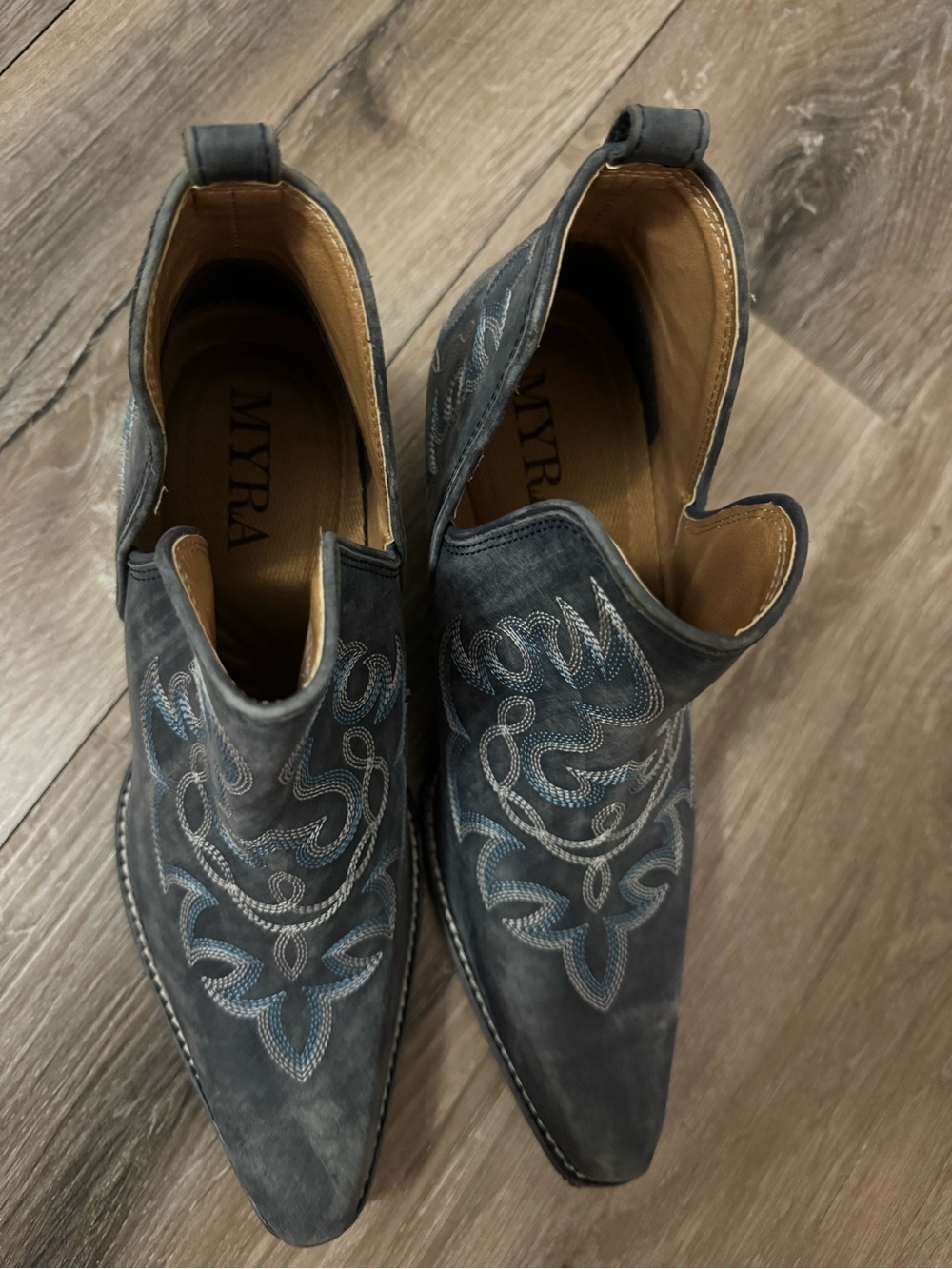 Myra Bag Gray Suede Western Ankle Booties with Embroidered Detail - Picture 4 of 7